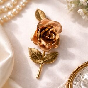 Signed Krementz Gold Tone Rose Brooch Vintage Floral Pin